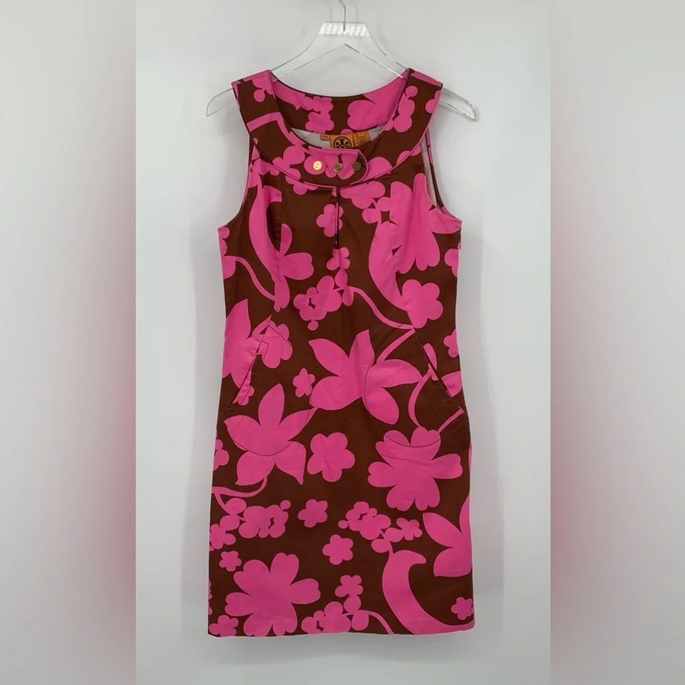 Tory Burch shift dress Mod pink brown floral logo button sleeveless modern 8